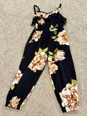 Mia Chica Girls Black Jumpsuit with Peach Floral Print